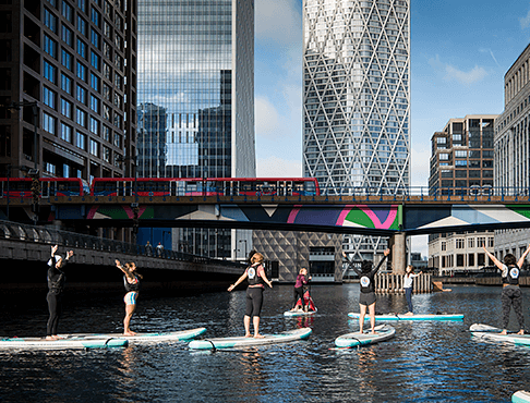Paddle board fitness class at Canary Wharf